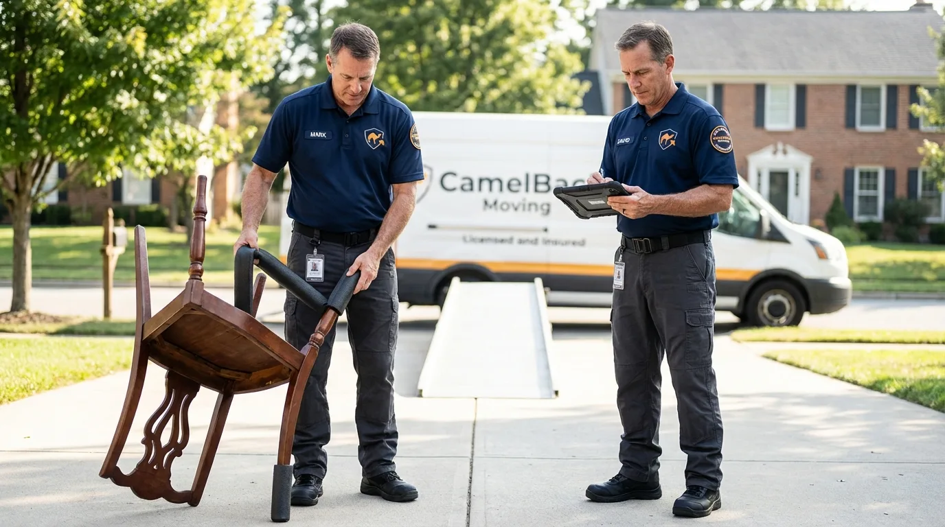 Movers inspecting furniture for damage prevention before loading in Reynoldsburg, OH
