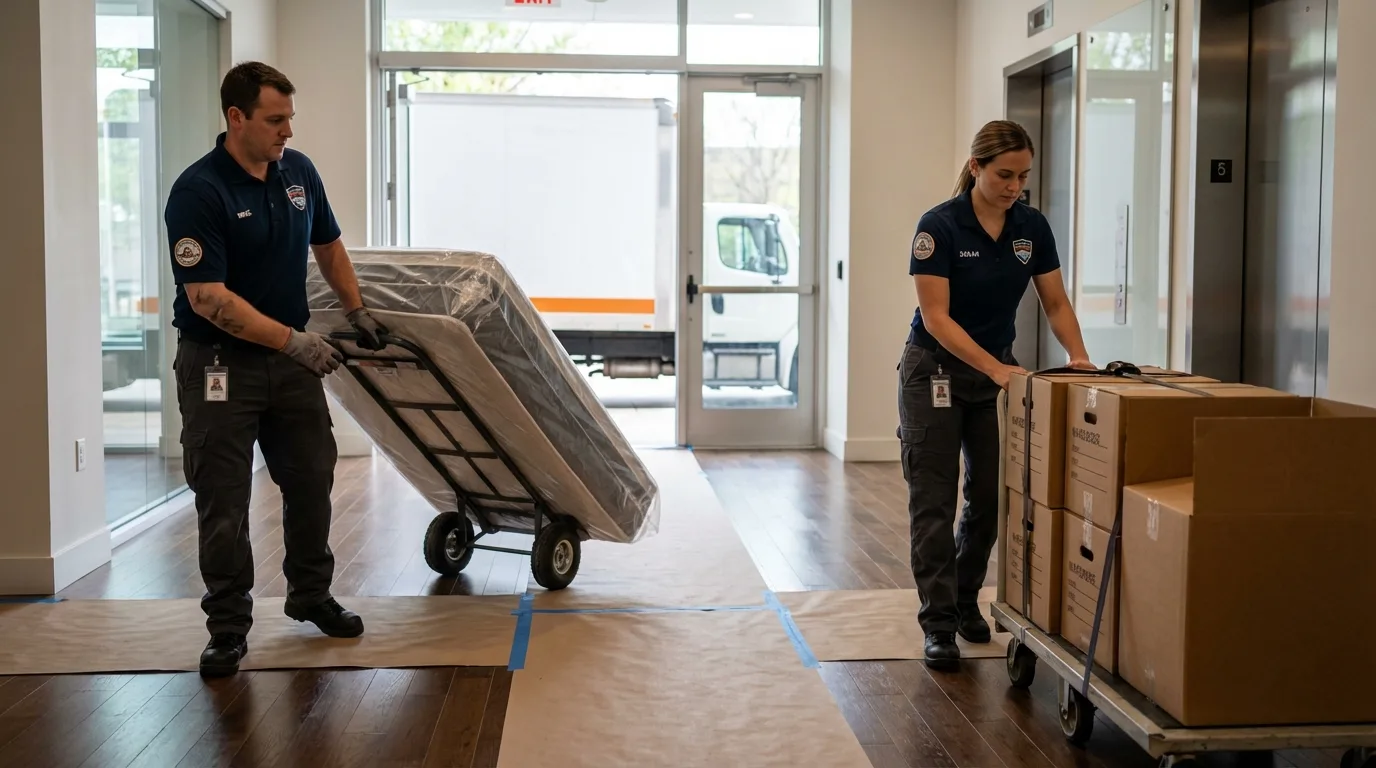 Professional apartment movers loading elevator in Reynoldsburg, OH
