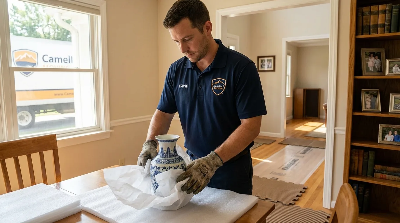Professional crew carefully wrapping antique vase for senior downsizing move in Reynoldsburg, OH